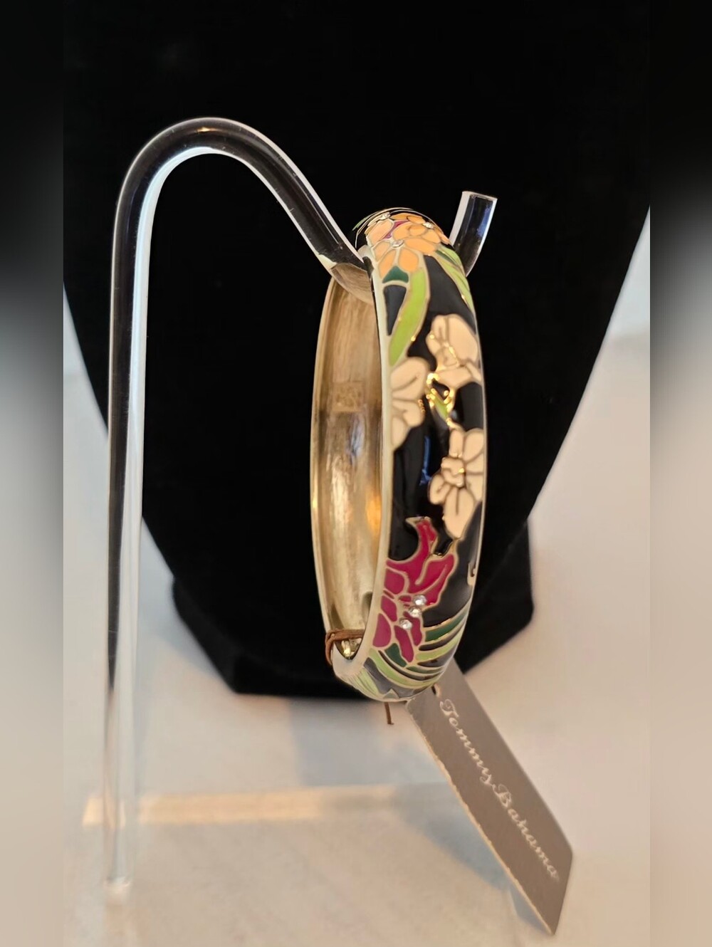 Tommy Bahama- Floral Enamel Hinged Bangle Bracelet-Black w/ Pink & Green Accents